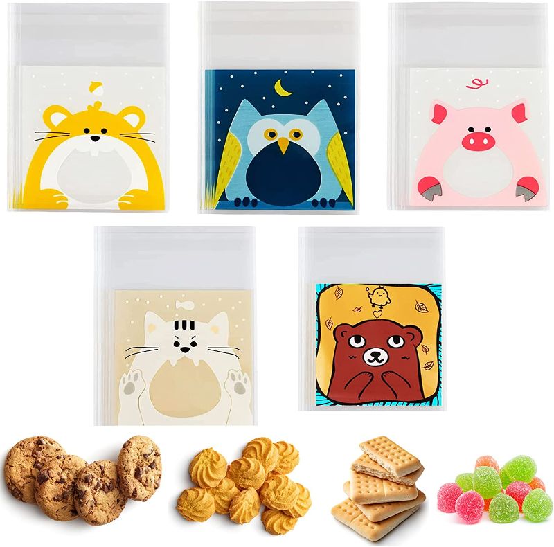 Photo 1 of 500PCS Cookie Candy Bags Cartoon Animal Self Adhesive Decorating Bag Bakery Cookie Bag Treat Bags DIY Plastic Bag for Party Birthday Halloween Christmas Candy Snack Food Chocolate Snowflake Crisp Bags
