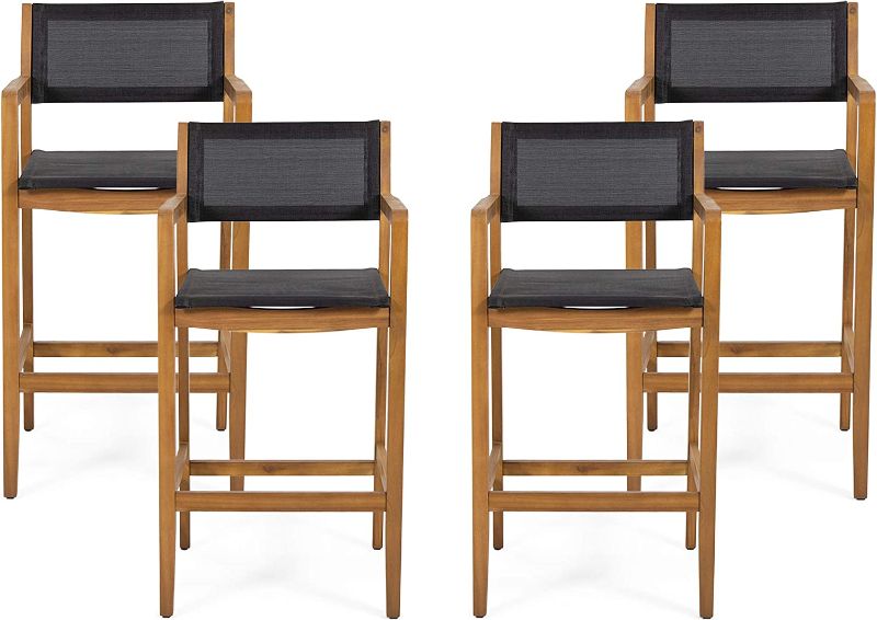 Photo 1 of Christopher Knight Home Calista Acacia Wood Barstools with Outdoor Mesh (Set of 2), Teak and Black

