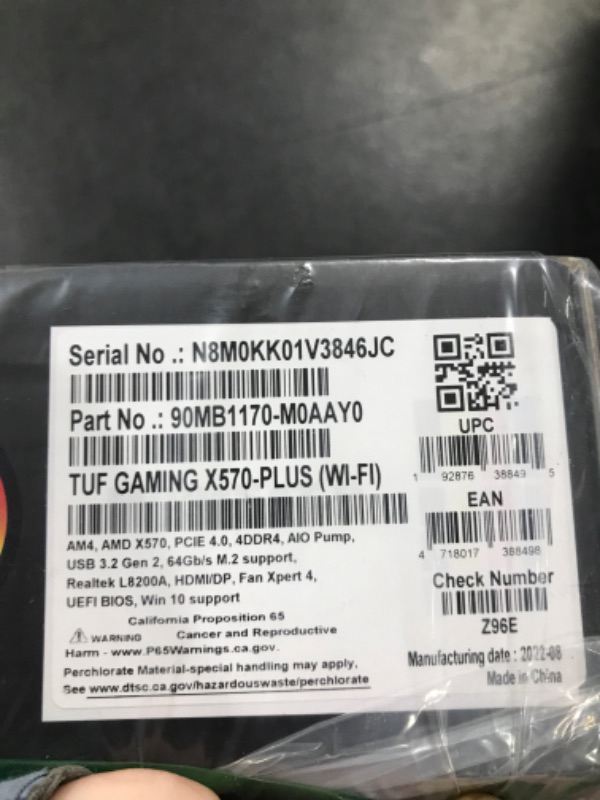 Photo 2 of ASUS AM4 TUF Gaming X570-Plus (Wi-Fi) AM4 Zen 3 Ryzen 5000 & 3rd Gen Ryzen ATX Motherboard with PCIe 4.0, Dual M.2, 12+2 with Dr. MOS Power Stage, factory sealed