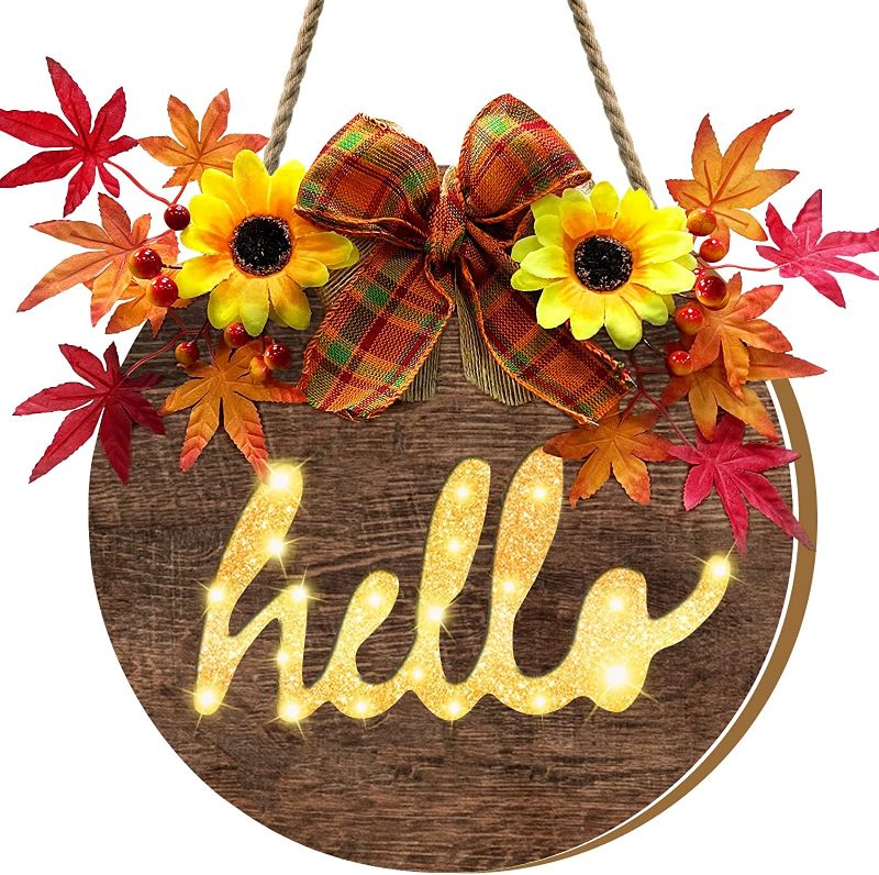 Photo 1 of [ Timer ] Prelit Thanksgiving Wreath Hello Sign for Front Doorations, Fall Decorations for Home Battery Operated Maple Leaves Sunflower Wood Hanging Sign for Fall Autumn Decor Porch Home Outdoor Decor 