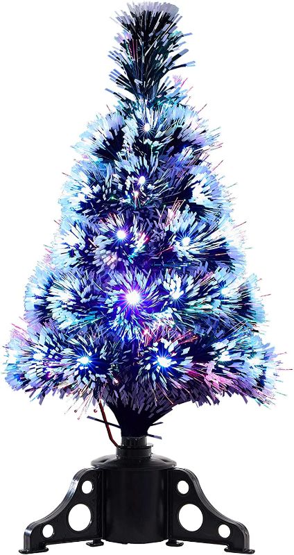 Photo 1 of 2 Ft Prelit Mini Artificial Christmas Tree, Tabletop Miniature Fiber Optic Xmas Tree with Multi-Color Lights, Small Dark Green with White Edge Pine Tree for Christmas Indoor Party Decorations 