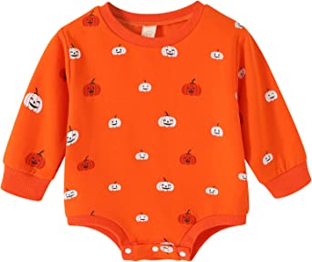 Photo 1 of Baby Halloween Outfit Girl Boy Pumpkin Oversized Sweatshirt Romper Halloween Bodysuit Fall Tops 