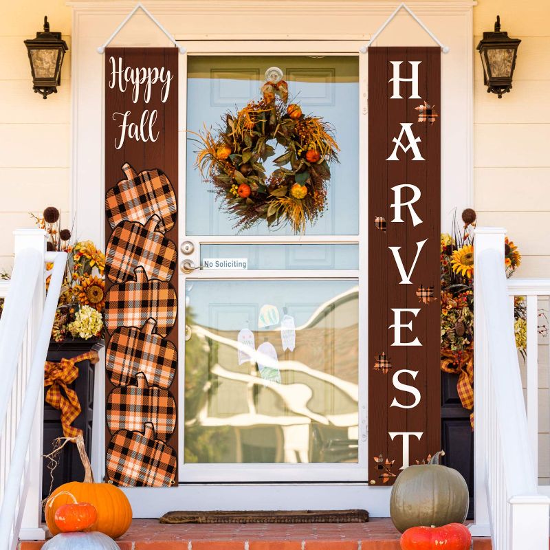 Photo 1 of 2 Pieces Happy Fall Harvest Buffalo Banner Plaid Autumn Fall Banner Pumpkin Porch Sign Thanksgiving Hanging Banner Flag for Home Farmhouse Classroom Garden Wall Yard Party (Vintage Color) 