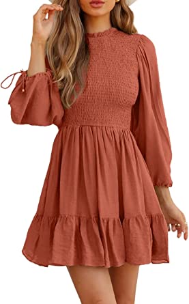 Photo 1 of BEZEKC Womens Dresses 2022 Fall Long Sleeve Wedding Guest Dresses Mock Neck A-Line Mini Dresses Cocktail M