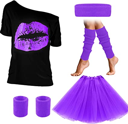 Photo 1 of 80s Costume Accessories Set Girl Women Outfit, off Shoulder T-shirt Tutu Headband Wristband Leg Warmer for Cosplay Party