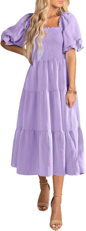 Photo 1 of Annebouti Women Summer Square Neck Puff Sleeve Off Shoulder Ruffle Tiered Smocked Midi Dress
XL