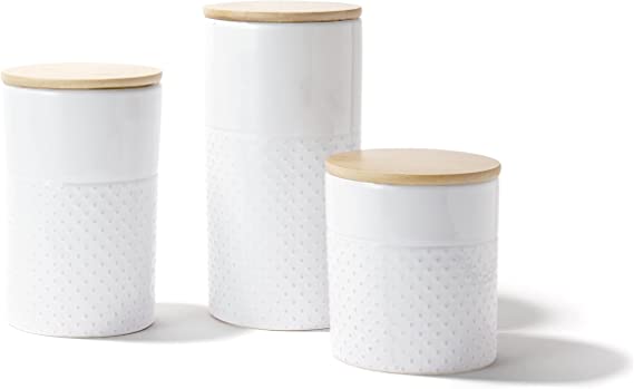 Photo 1 of American Atelier Dots Embossed Canister 3-Piece Ceramic Set Jar Container with Wooden Lids for Cookies, Candy, Coffee, Flour, Sugar, Rice, Pasta, Cereal & More