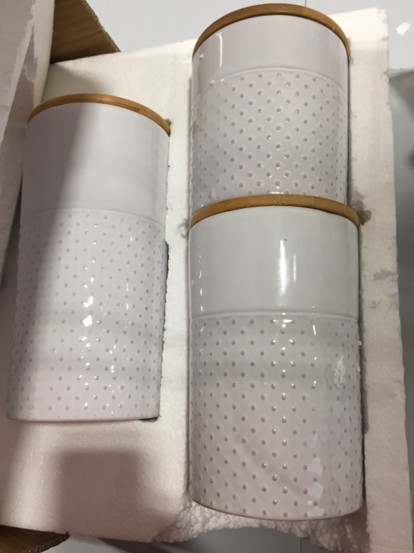 Photo 1 of American Atelier Dots Embossed Canister 3-Piece Ceramic Set Jar Container with Wooden Lids for Cookies, Candy, Coffee, Flour, Sugar, Rice, Pasta, Cereal & More