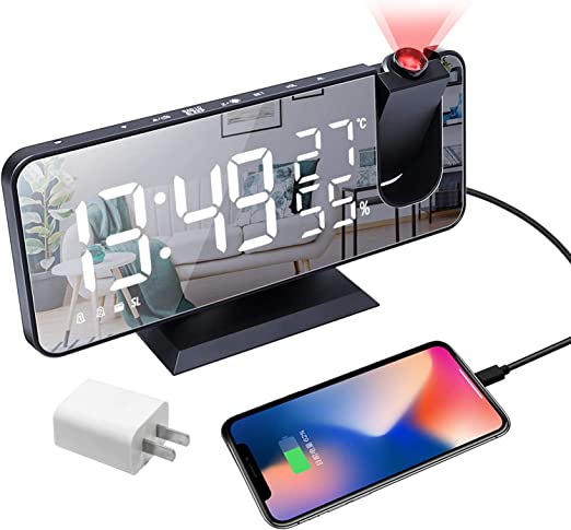 Photo 1 of Projection Digital Alarm Clock for Bedrooms, Radio Alarm Clock on Ceiling, USB Charger Port, Temperature & Humidity Display, 7.3” Large Mirror LED Display,12/24H,Snooze,Dual Loud Alarm Clock- 4 Dimmer
