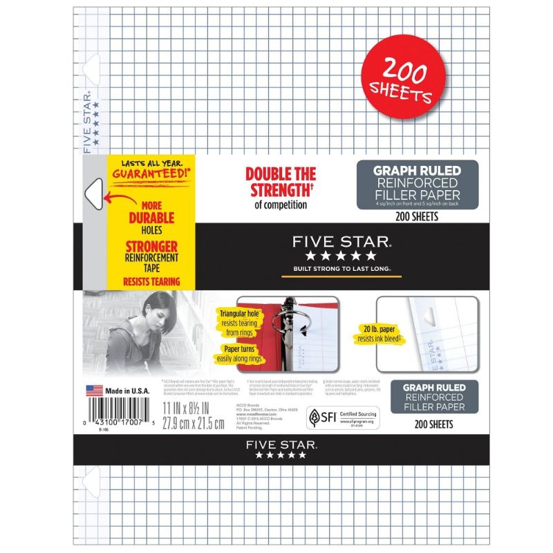 Photo 1 of BUNDLE OF 5!! Five Star 200ct Graph Ruled Filler Paper Reinforced
