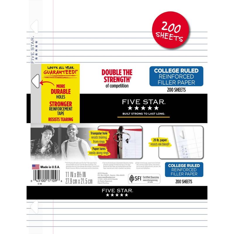 Photo 1 of 3/Five Star 200ct College Ruled Filler Paper & 2/Five Star 200ct Graph Ruled Filler Paper Reinforced, BUNDLE OF 5!!!

