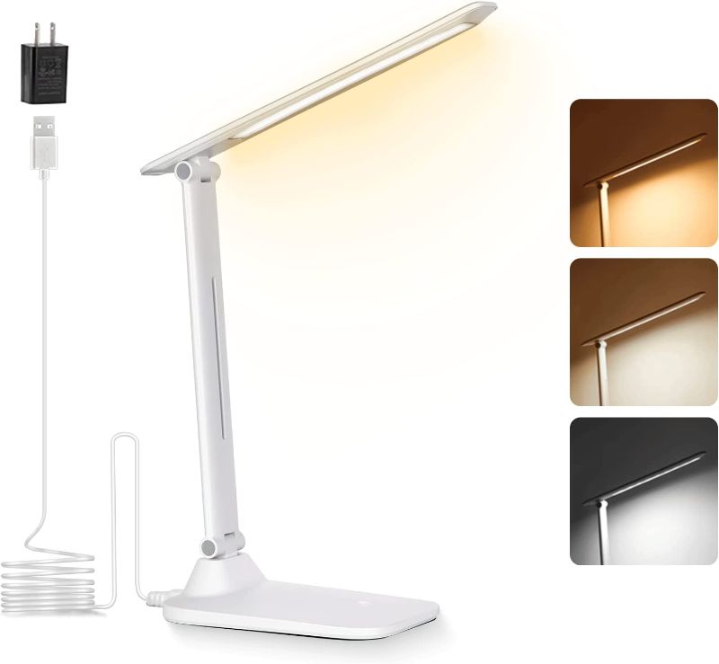 Photo 1 of LED Desk Lamp, Desk Lamps for Home Office, Dimmable Eye-Caring Desk Light with 3 Color Modes, Touch Control Adjustable Table Office Lamp, Foldable Desk Lamp with Adapter, White
