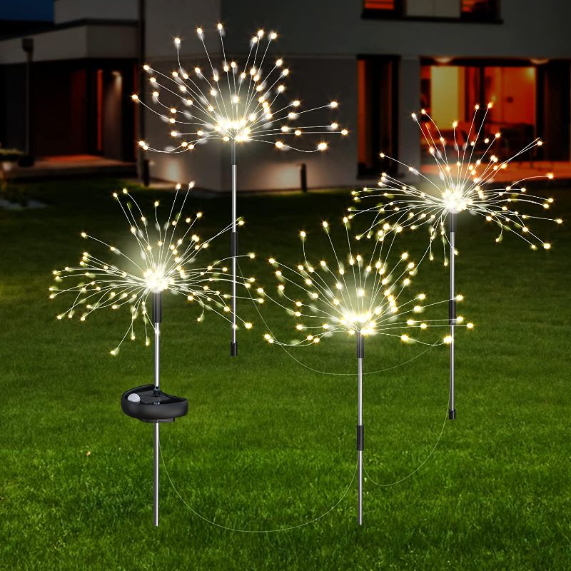 Photo 1 of 4 Packs Outdoor Solar Firework Lights, 480 LED Solar Garden Lights 8 Modes Copper Wire Lamp Waterproof Decorative Stake Landscape Light for Outdoor Wedding, Party, Garden Footpath, Patio (Warm White)
