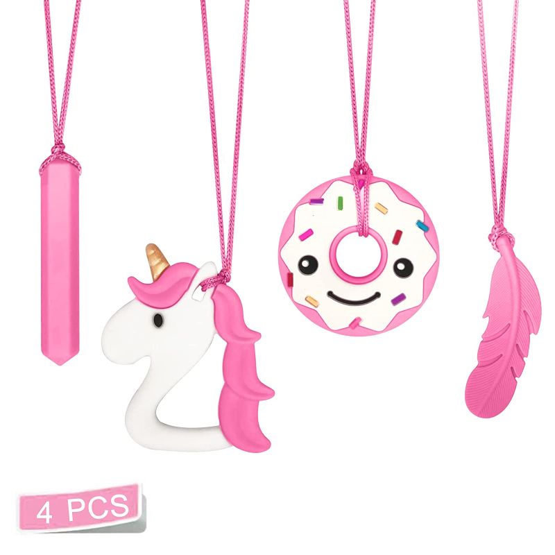Photo 1 of Chew Necklace for Girls - 4 Pcs Silicone Chewy Necklaces for Kids or Adults That Like Biting or Have Autism, ADHD, SPD, Teething, Oral Motor Chew Toys Sensory(Pink)