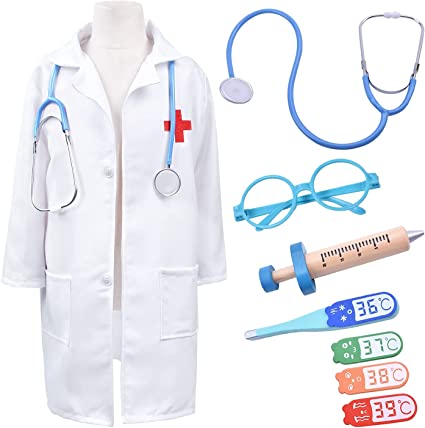 Photo 1 of Kids Doctor Costume White Lab Doctor Coat with Stethoscope Toys Wooden Doctor Playset Kit for Toddler Boys Girls, Age 7-8
