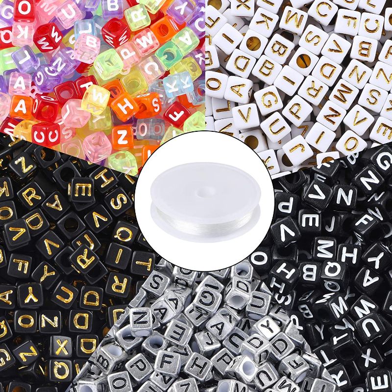 Photo 1 of 1400pcs 5 Color Acrylic Alphabet Cube Beads Letter Beads with 1 Roll 50M Crystal String Cord for Jewelry Making?6mm?
