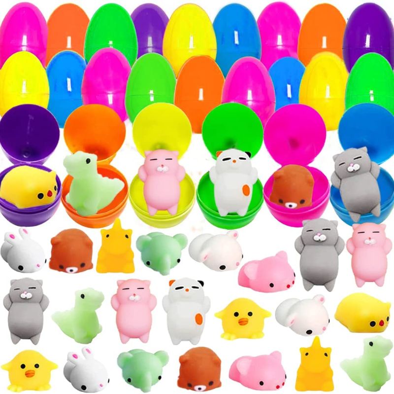 Photo 1 of 24PCS Easter Eggs + 24PCS Mochi Squishy Toys, Surprise Eggs Filled Mini Animal Squishy Stress Relief Toys for Kids Easter Mochi Squishies Party Favor, Easter Basket Stuffers, Easter Eggs Fillers Gifts
