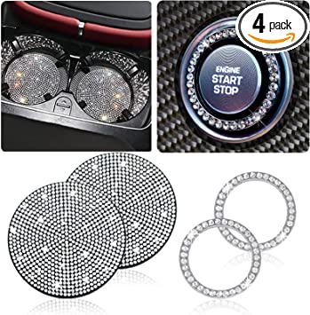 Photo 1 of 2pcs Bling Car Cup Holder Coasters & 2pcs Push Start Button , 2.75 inch Anti-Slip Shockproof Universal Vehicle Coasters Insert, Bling Car Interior Accessories for Women Suits for Most Cars (White)

