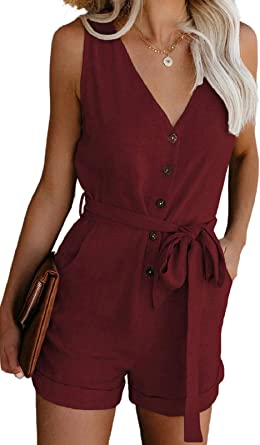Photo 1 of Adibosy Women's V Neck Jumpsuits Casual Sleeveless Romper Button Up Front Tie Knot Solid Short Jumpsuit Rompers SMALL
