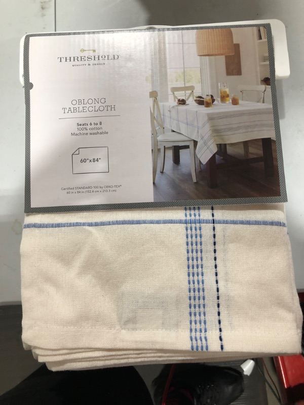 Photo 2 of 80 X 60 Cotton Textured Tablecloth Blue/White - Threshold
