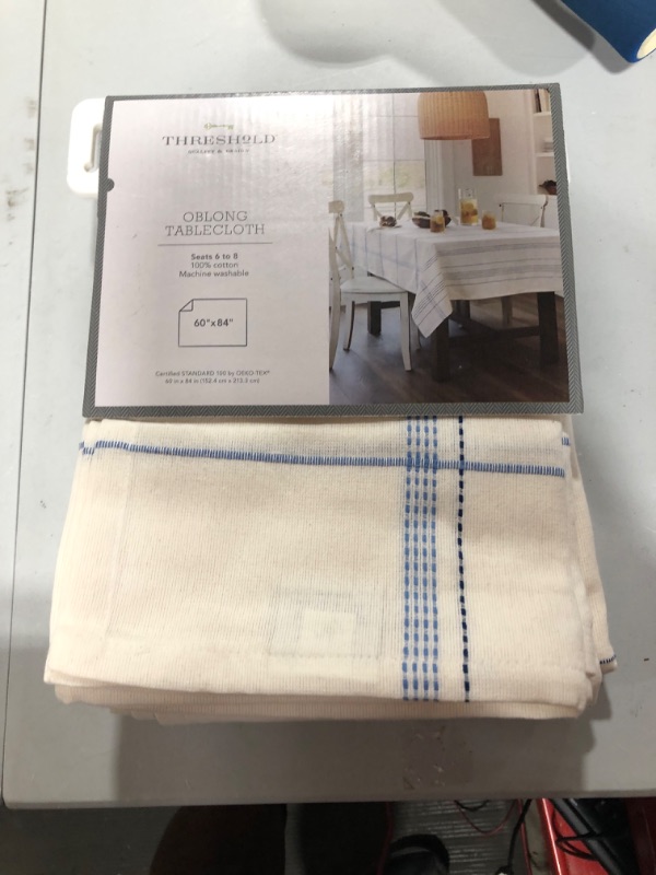 Photo 2 of 80 X 60 Cotton Textured Tablecloth Blue/White - Threshold
