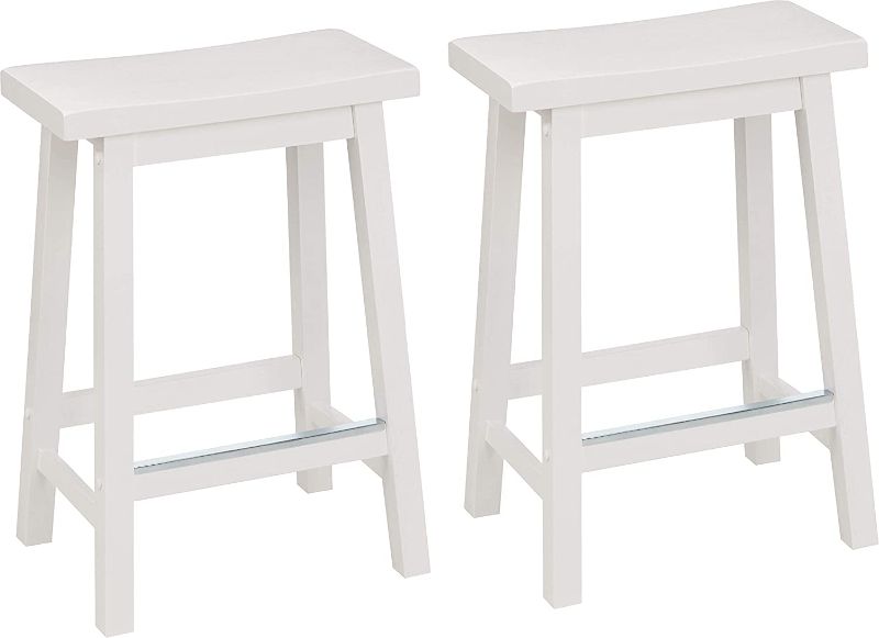 Photo 1 of AmazonBasics Classic Solid Wood Saddle-Seat Kitchen Counter Stool with Foot Plate 24 Inch, White, Set of 2