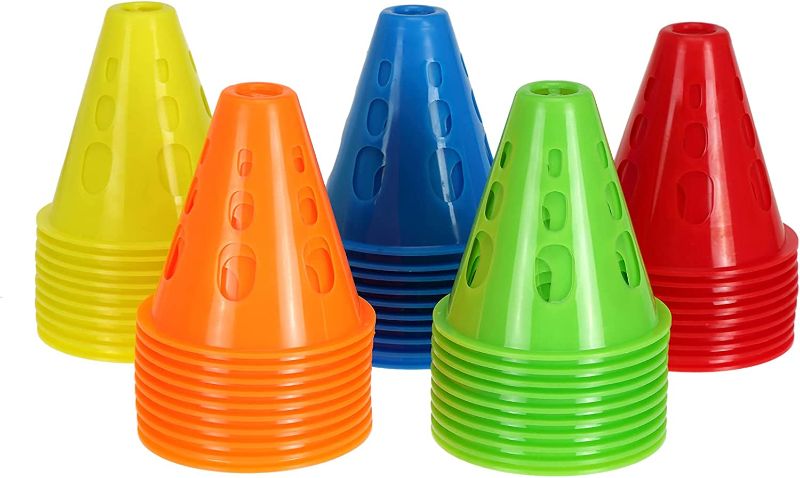 Photo 1 of Jucoan 50 Pack 3 Inch Mini Sports Cones, Plastic Windproof Traffic Cones with Hole, Bright Colors Sports Training Agility Marker Cones for Adult Kids Roller Skating Football
