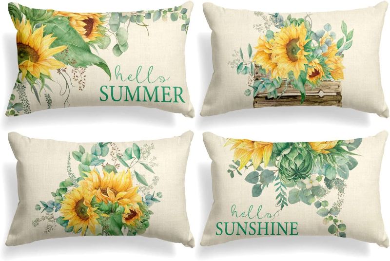 Photo 1 of AVOIN colorlife Watercolor Sunflower Throw Pillow Cover, 12 x 20 Inch Eucalyptus Leaves Summer Holiday Party Cushion Case for Sofa Couch Set of 4
