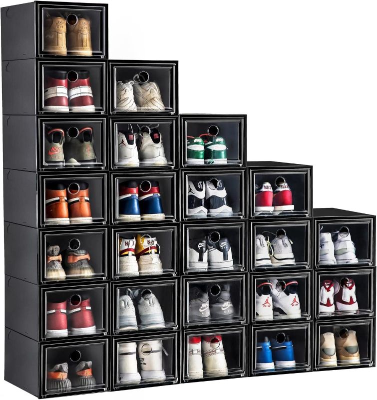 Photo 1 of 12 Pack Shoe Storage Box Shoe Box Clear Plastic Stackable Drop Front Shoe Organizer Space Saving Foldable Shoe Container Bin Fit up to US Size 12 (Dark black)
