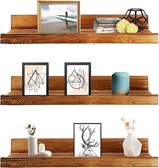 Photo 1 of 24 Inch Wooden Floating Shelves Wall Mounted Set of 3 Rustic Large Wall Shelves Picture Photoes Ledge Shelf for Bedroom Living Room Bathroom Kitchen Office Organizer 3 Different Sizes Dark Brown
