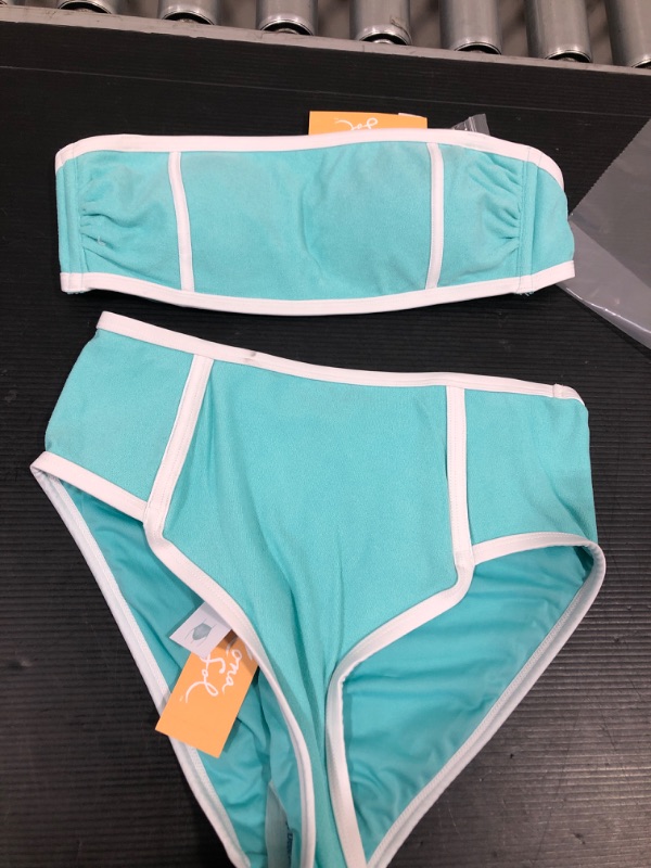 Photo 1 of 2 pc Women' Terry Textured Olid High Wait High Leg Bikini Bottom - Kona Ol™ Turquoie Blue size small
