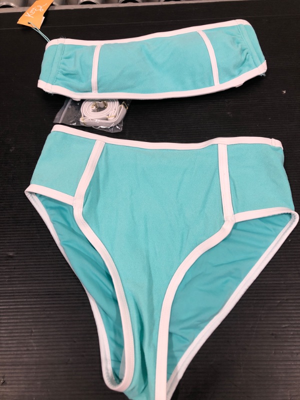 Photo 1 of 2 pc Women' Terry Textured Olid High Wait High Leg Bikini Bottom - Kona Ol™ Turquoie Blue
SMALL