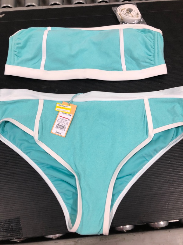 Photo 1 of 2 pc Women's Terry Textured Solid High Waist High Leg Bikini Bottom - Kona Sol™ Turquoise Blue 1X

