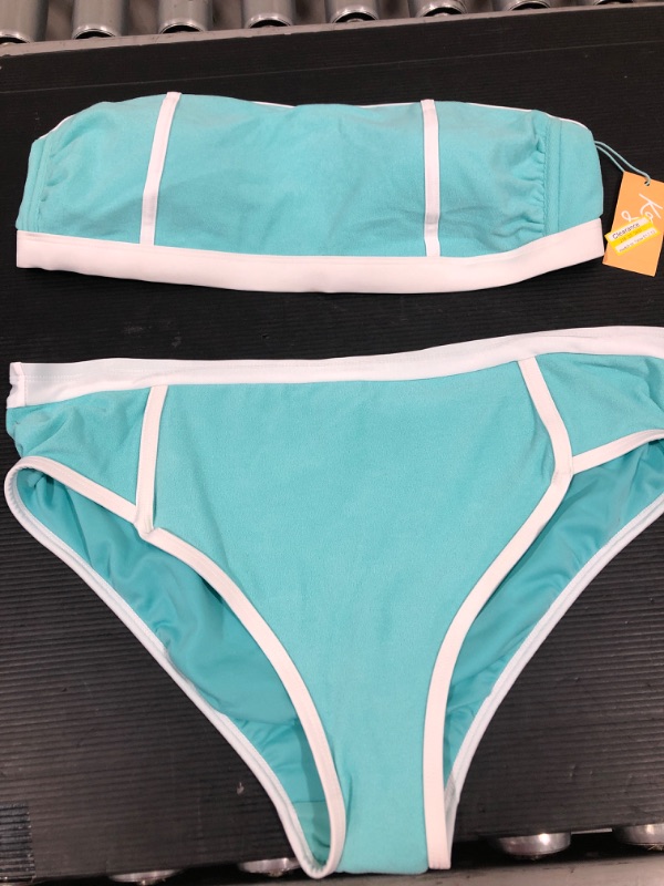 Photo 1 of 2 pc Women's Terry Textured Solid High Waist High Leg Bikini Bottom - Kona Sol™ Turquoise Blue SIZE 1X

