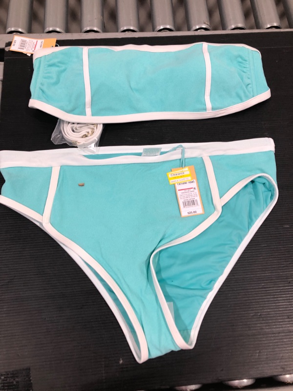 Photo 1 of 2 pc Women's Terry Textured Solid High Waist High Leg Bikini Bottom - Kona Sol™ Turquoise Blue 1X

