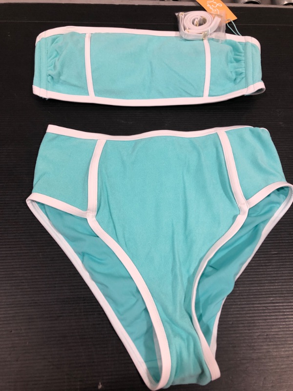 Photo 1 of 2 pc Women's Terry Textured Solid High Waist High Leg Bikini Bottom - Kona Sol™ Turquoise Blue SIZE M

