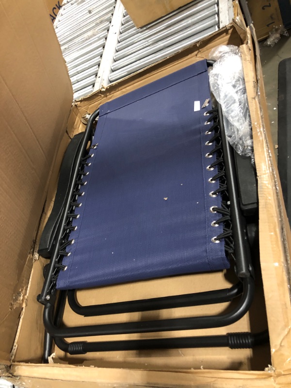 Photo 1 of Amazon Basics Outdoor Textilene Adjustable Zero Gravity Folding Reclining Lounge Chair with Pillow, Navy Blue Navy Blue Chair