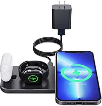 Photo 1 of PUDOEN Wireless Charger, Foldable 3 in 1 Charging Station for Apple Multiple Devices, 18W Fast Charging Stand Compatible with Apple iWatch Series 7/6/SE/5/4/3/2/1, for iPhone AirPods Pro 3/2/1-Black