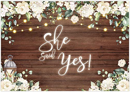 Photo 1 of Allenjoy 7x5ft Bridal Shower Floral Wood Backdrop She Said Yes Party Banner White Flower Decor Wedding Photography Background Bride to Be Photo Props