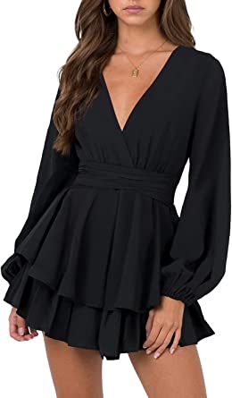 Photo 1 of Black- size 2XL- Women's Long Lantern Sleeve Plunging V Neck Dress Tie Waist Layer Ruffle Hem A Line Swing Casual Short Mini Dress