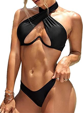 Photo 1 of XL- Sexy Cute Underwire Cutout Halter Bikini Swimsuit Set Women Criss Cross Bathing Suit 2 Piece