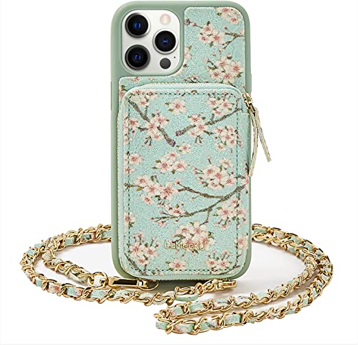 Photo 1 of LAMEEKU iPhone 12 Pro Max Wallet Case with Crossbody, iPhone 12 Pro Max Case Women Girl Zipper Leather Handbag, Glitter Card Holder RFID Purse Case Shockproof Bling Case, 6.7 inch (Blue+Pink Flower)