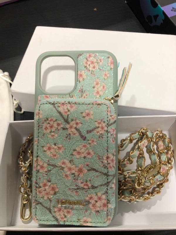 Photo 2 of LAMEEKU iPhone 12 Pro Max Wallet Case with Crossbody, iPhone 12 Pro Max Case Women Girl Zipper Leather Handbag, Glitter Card Holder RFID Purse Case Shockproof Bling Case, 6.7 inch (Blue+Pink Flower)