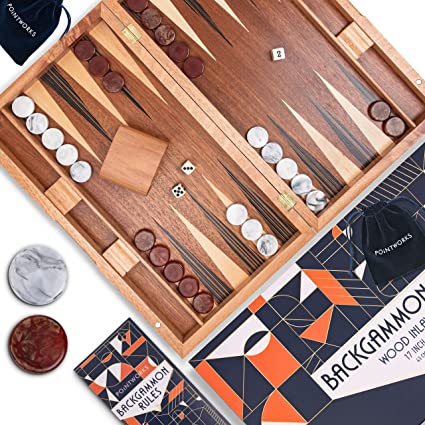 Photo 1 of 17 Inch Backgammon Set Beautiful wood inlaid folding backgammon game with unique stone-inspired checkers