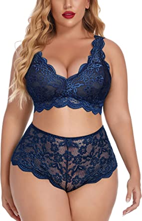 Photo 1 of  Plus Size Lingerie Set for Women Sexy Lace Halter Bralette High Waist Panty Set- size 20 W