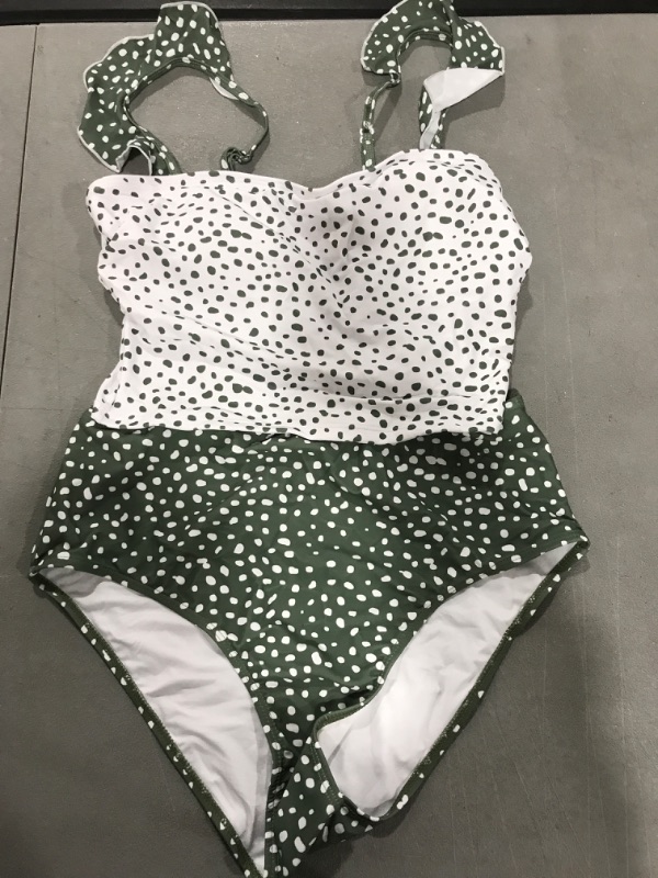Photo 2 of [Size X-Large] Foshow Womens Ruffle Print Bikini Set Polka Dot High Waisted Two Piece Swimsuits Tummy Control Flounce Bathing Suit Tankini -Green