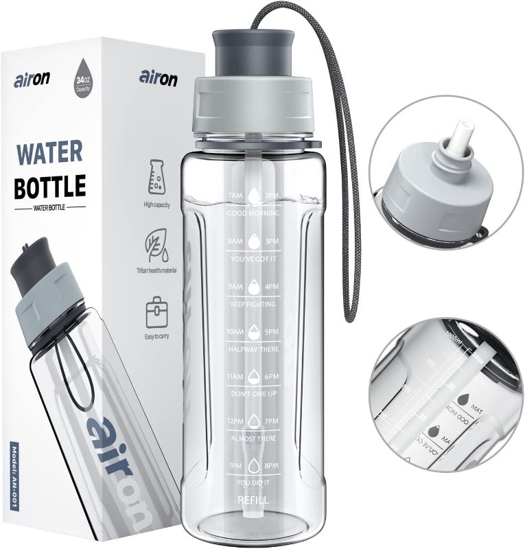 Photo 1 of AIRON 34oz Sports Water Bottle - Leakproof & BPA Free Tritan with Time Marker & Removable Straw 