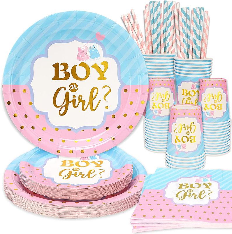 Photo 1 of 125 Pcs Gender Reveal Party Decorations, Boy or Girl Gender Reveal Plates and Napkins and Cups Supplies 
