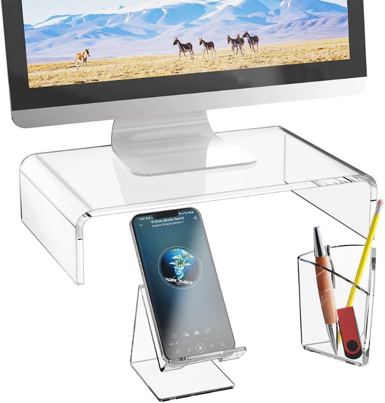 Photo 1 of Acrylic Monitor Stand, Desktop Riser Table Top with Storage Accessories, for Flat Screen LCD LED TV, Laptop, Notebook, Display and Office Supplies (ATT001), Clear by WALI

