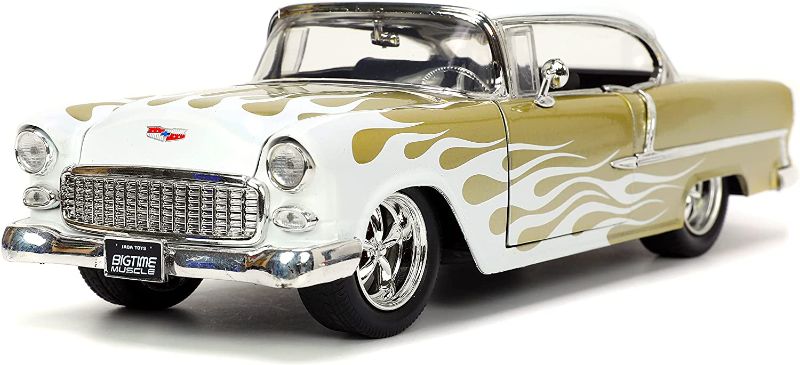 Photo 1 of 1955 Chevy Bel Air White and Gold with Flames Bigtime Muscle Series 1/24 Diecast Model Car by Jada 32917
